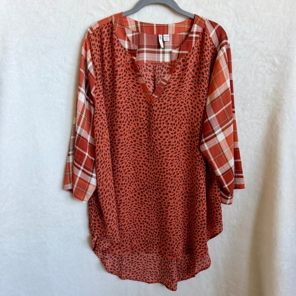 Cato Rust Cheetah Print Plaid Contrast High Low Tunic Blouse Plus Sz 18/20W